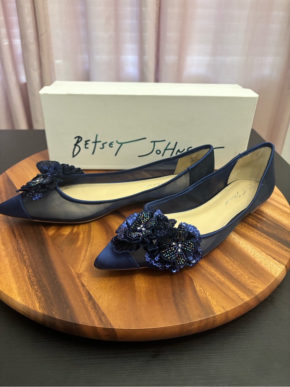 Betsey Johnson Blue Mesh Ballet Flats Beaded Flower Applique Size 10 With Box